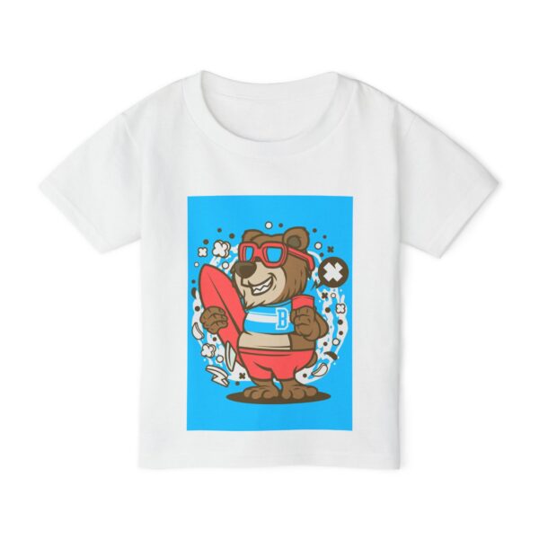 Cartoon bear with surfboard on heavy cotton toddler t-shirt, white, Aliens & Astronauts Clothing Co.