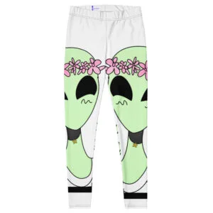 Shop – – Aliens & Astronauts Clothing Co. Pretty AlienGirl Leggings – Kawaii green alien print with pink flower crown, festival/yoga-ready women’s streetwear