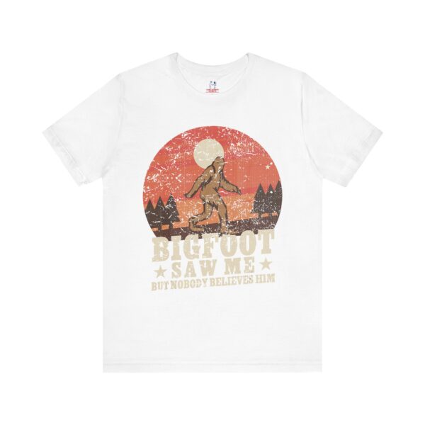 Funny Bigfoot t-shirt with vintage sunset design – cryptid tee for hikers and nature lovers