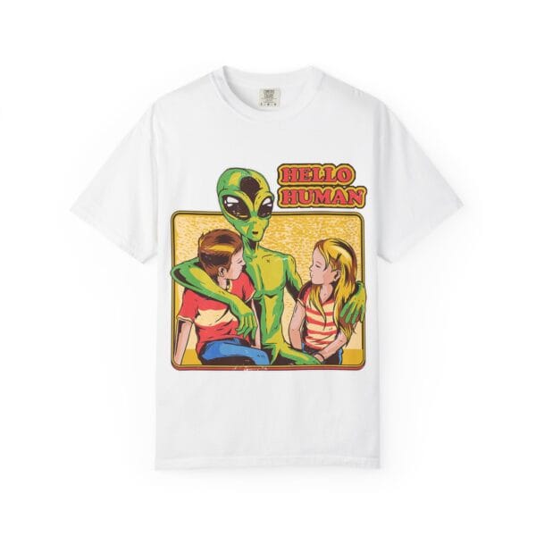 Alien Embrace T-Shirt, Fun Graphic Tee, Unisex Casual Wear, Gift for Sci-Fi Fans, Home Party Outfit, Hello Human Design
